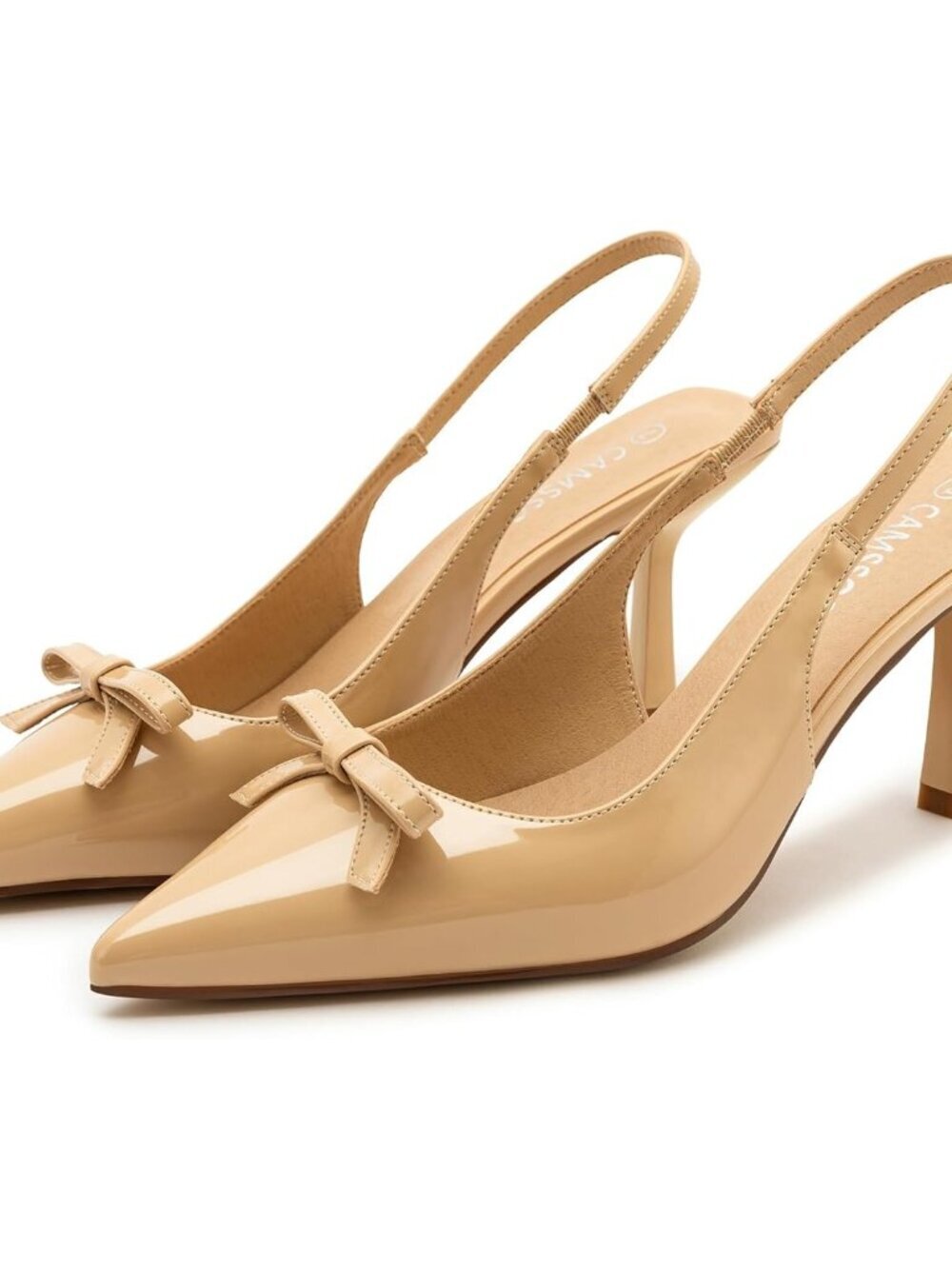 Women's Bow Nude Patent Kitten Heels Slingback Pump Pointed Toe Stiletto Shoes